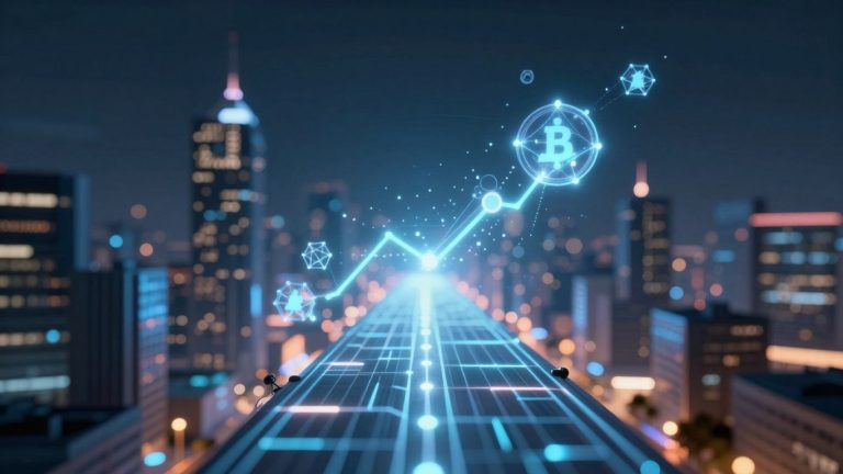 Futuristic blockchain cityscape with glowing digital pathways.