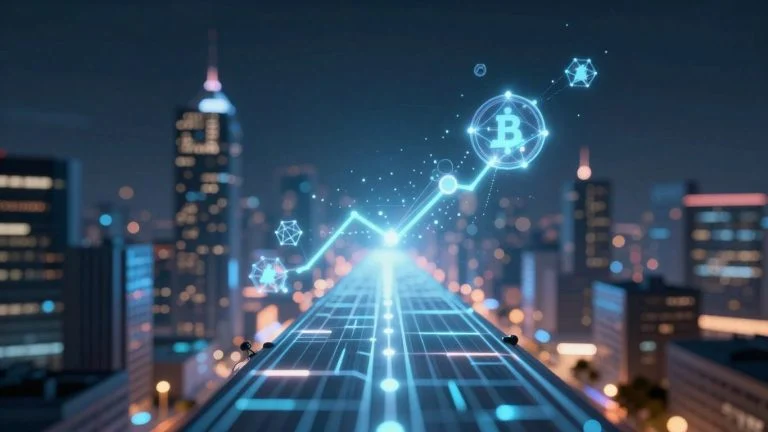 Futuristic blockchain cityscape with glowing digital pathways.