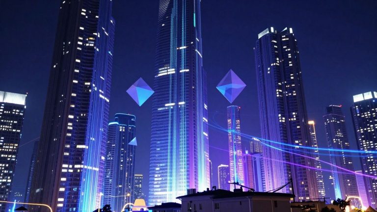 Futuristic cityscape with glowing digital streams and abstract shapes.