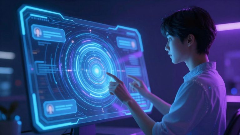 Futuristic AI chatbot interface with glowing digital patterns.