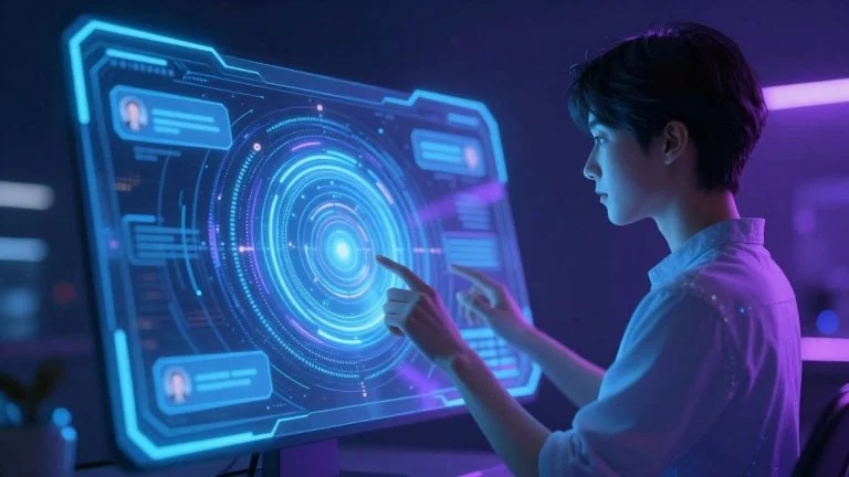 Futuristic AI chatbot interface with glowing digital patterns.