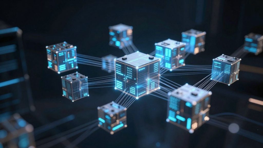 Interconnected glowing digital blocks forming a network.