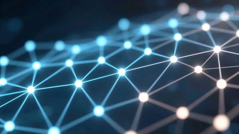 Digital blockchain network with glowing nodes and data streams.