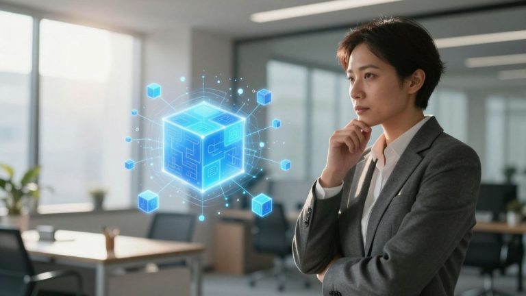 Business professional interacting with a digital blockchain network visualization.