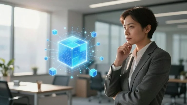 Business professional interacting with a digital blockchain network visualization.