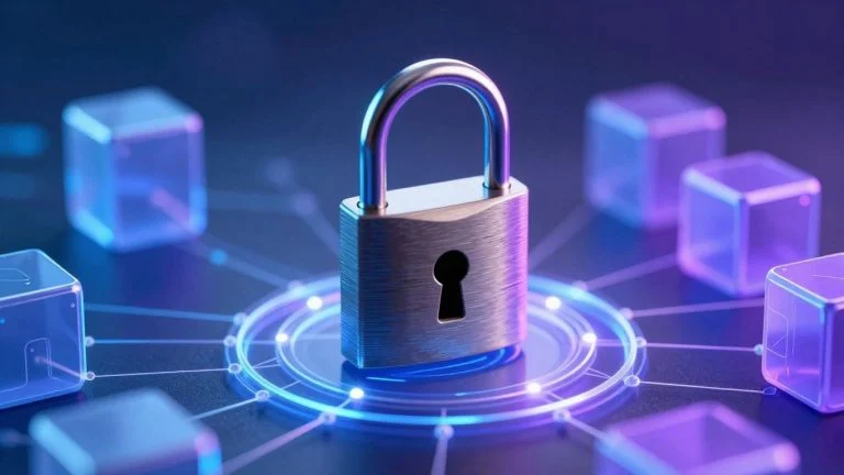 Digital padlock over glowing blockchain network