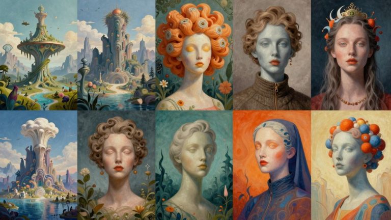 AI generated images of landscapes, portraits, and abstract art.