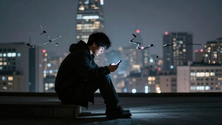 Person isolated by glowing smartphone in fragmented city.