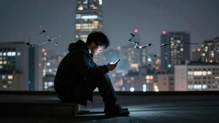 Person isolated by glowing smartphone in fragmented city.