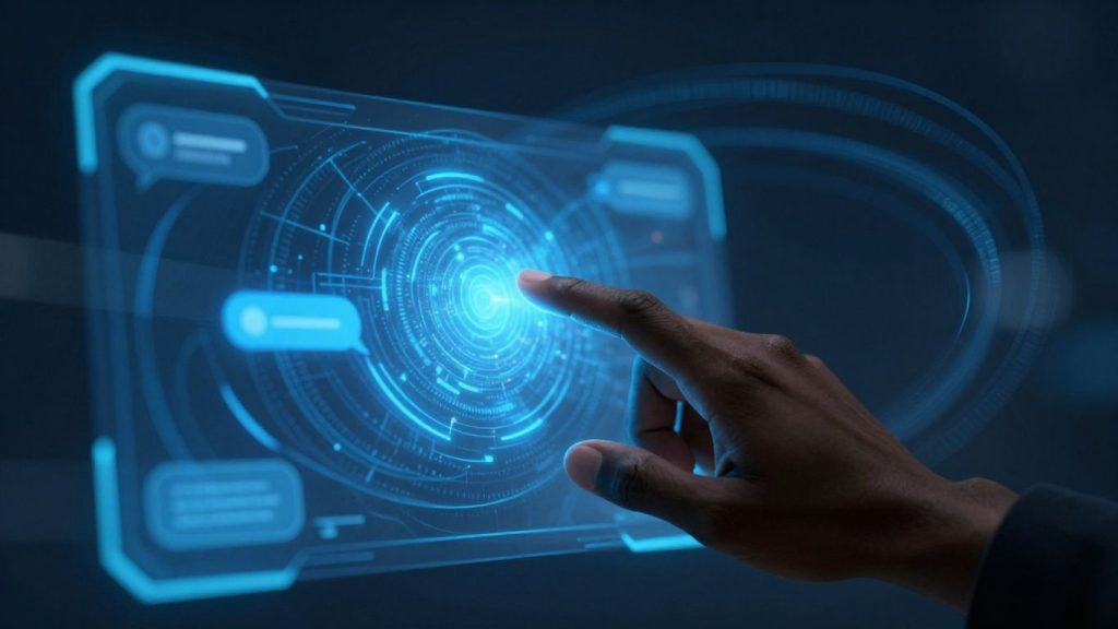 Futuristic chatbot interface with human interaction.