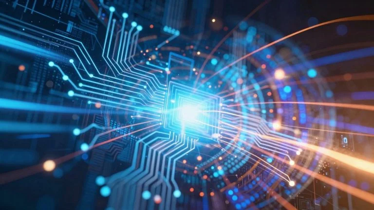 Futuristic technology collage with circuits and light trails.