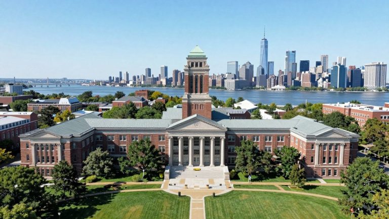 Stevens Institute of Technology campus with NYC skyline.