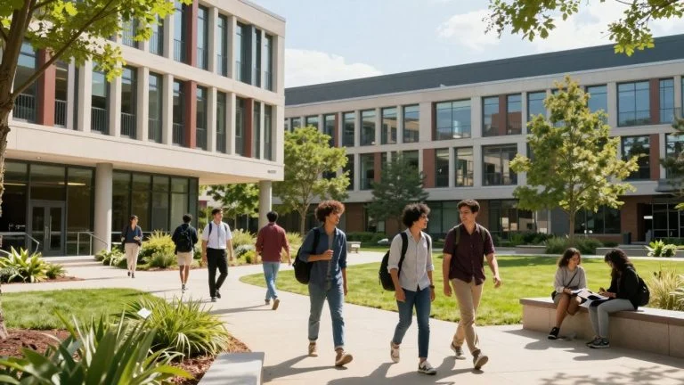 New Jersey Institute of Technology campus with modern buildings and students.