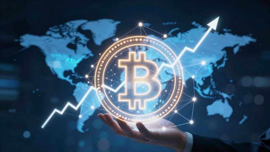 Digital network with glowing nodes and financial growth.