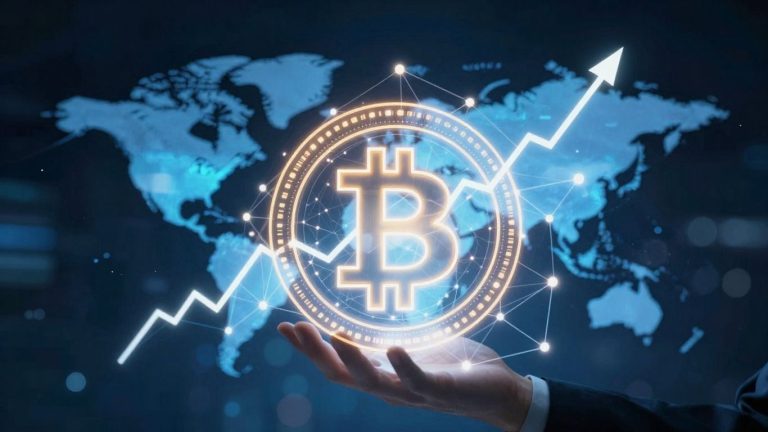 Digital network with glowing nodes and financial growth.