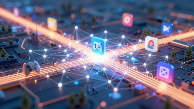 Abstract blockchain network with diverse app icons.