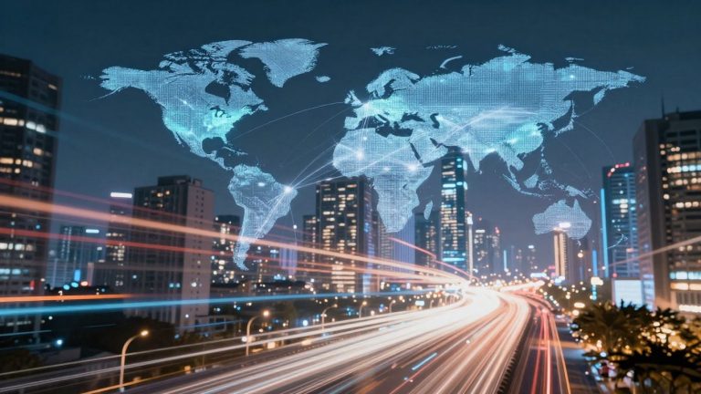 Futuristic cityscape with glowing digital connections.