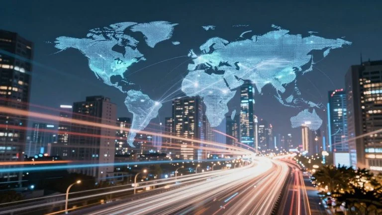 Futuristic cityscape with glowing digital connections.
