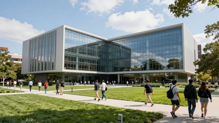 MIT campus architecture and students on a sunny day.