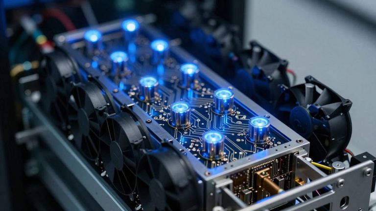 Cryptocurrency mining rig with blue lights and circuitry.