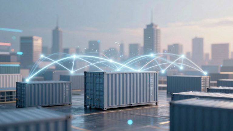 Blockchain connecting global shipping containers in a cityscape.