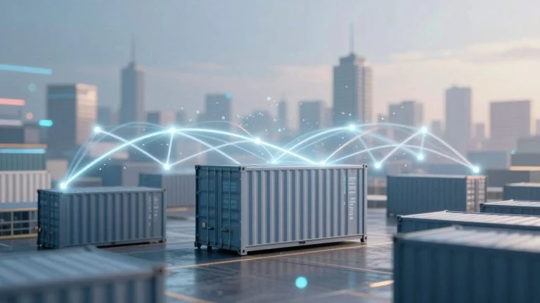 Blockchain connecting global shipping containers in a cityscape.