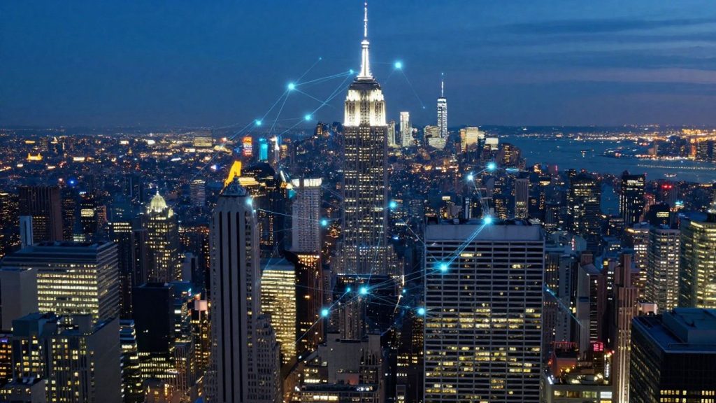 NYC skyline with glowing blockchain network overlay.