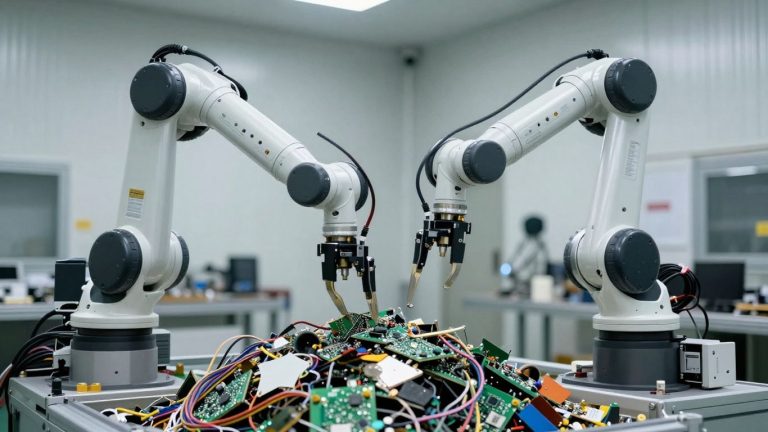 Robot arm sorting electronic waste for recycling.