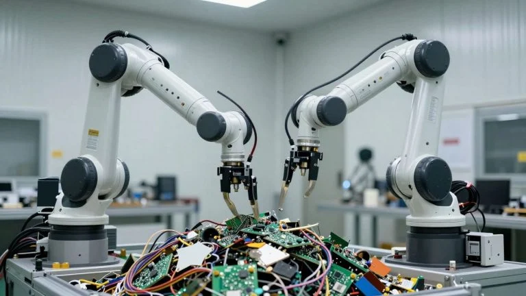 Robot arm sorting electronic waste for recycling.