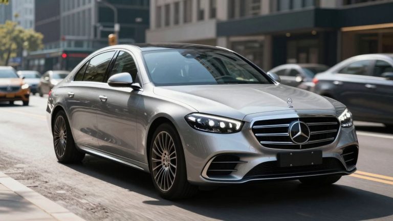 Mercedes-Benz autonomous car driving on a city street.