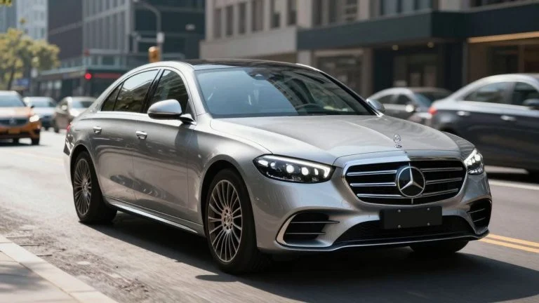 Mercedes-Benz autonomous car driving on a city street.