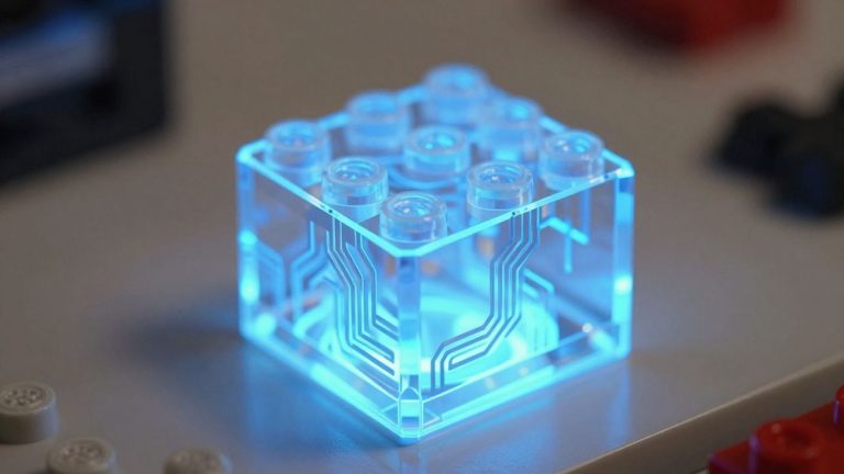 Futuristic glowing Lego brick with visible circuitry.