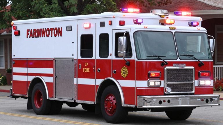 Fire truck with lights flashing on road.