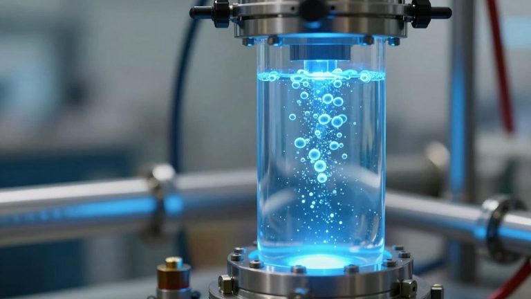 Advanced electrolysis device producing green hydrogen bubbles.