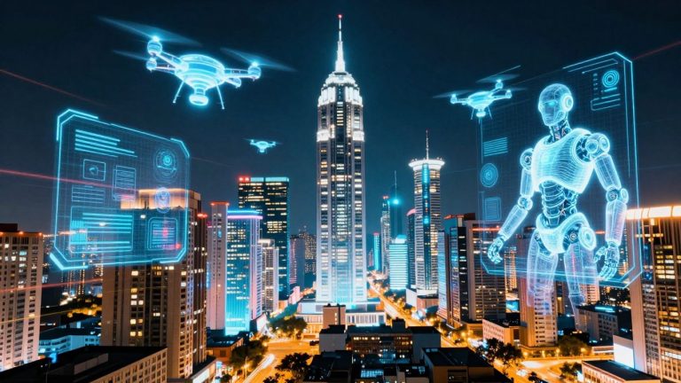 Futuristic cityscape with glowing tech projections and neon lights.