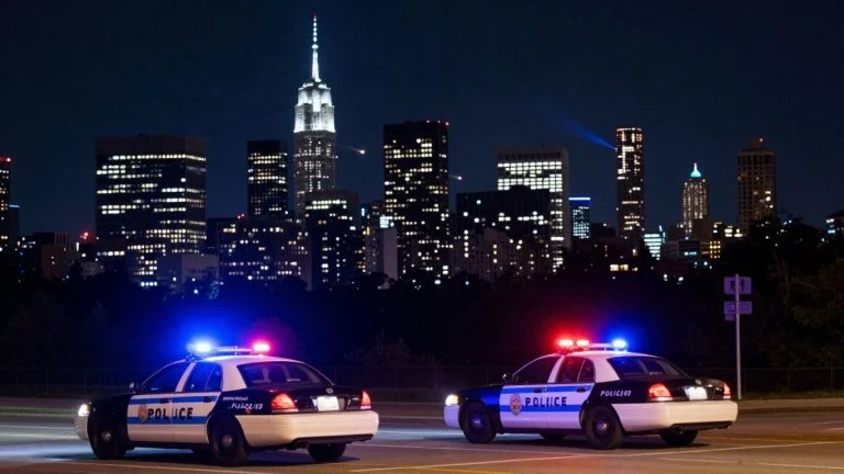 Laredo skyline with distant muzzle flashes and police lights.