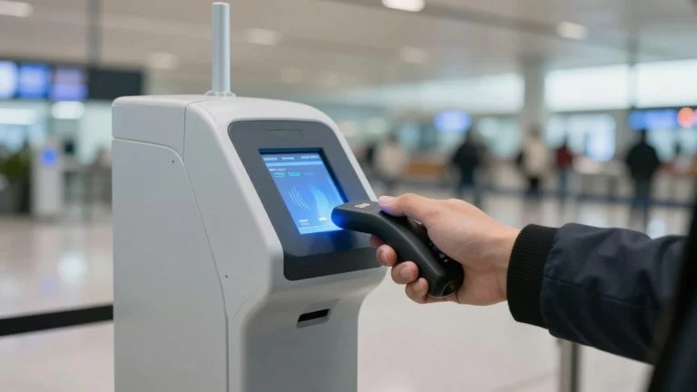 TSA touchless ID scanner at airport security checkpoint.