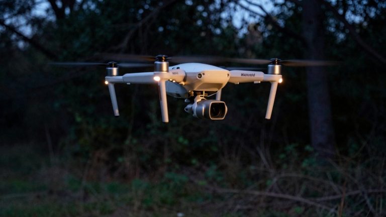 Drone with thermal camera searching a dark wooded area.