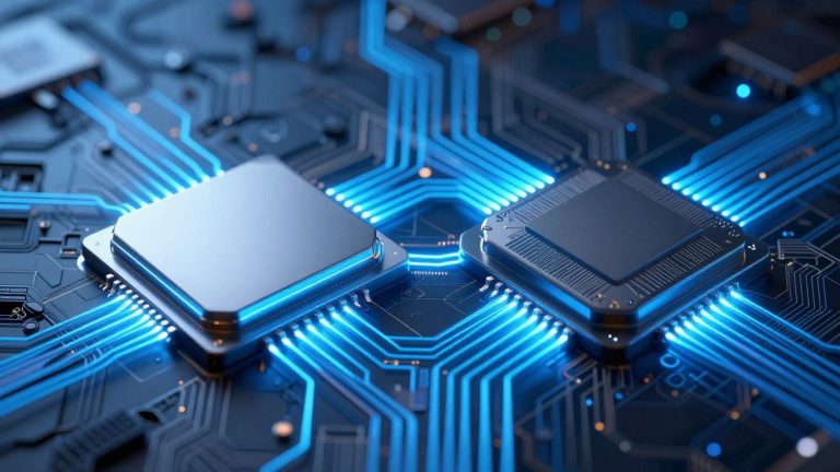 SiFive and Nvidia chips connecting with glowing blue lines.