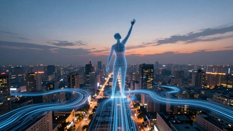 Accenture leading digital transformation in a modern cityscape.