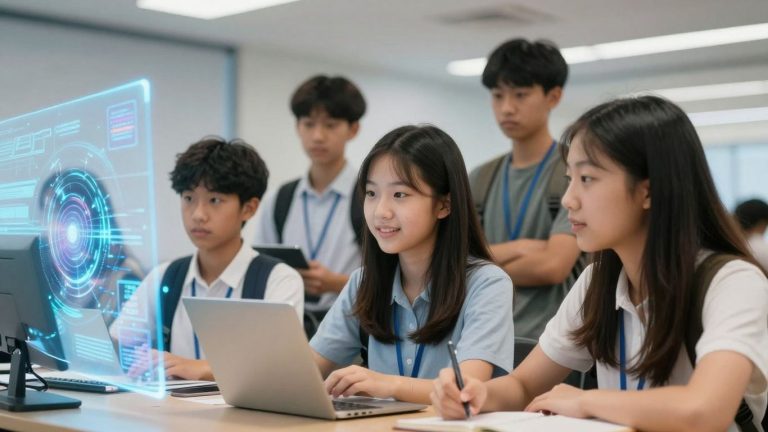 Students looking at futuristic AI technology