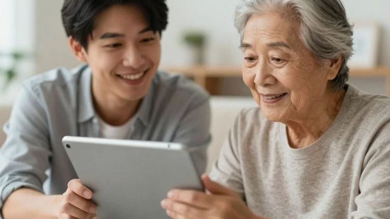 Teenager teaches senior citizen how to use a tablet.