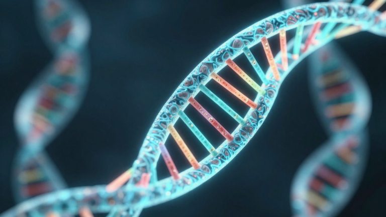 DNA double helix with glowing patterns.