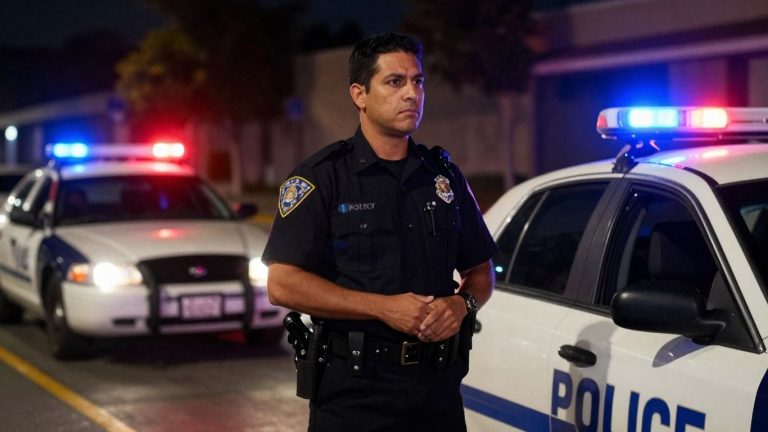 Police officer and patrol car on a dark street.