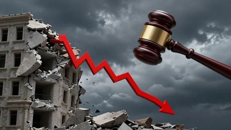 Stock chart falling, gavel, stormy sky