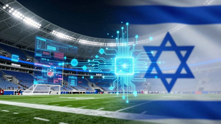 NFL stadium and quantum computing circuits with Israeli flag.