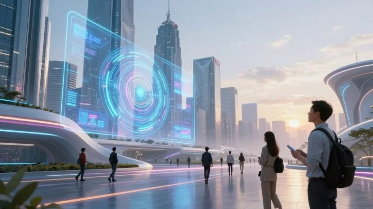 Futuristic cityscape with glowing holographic technology projections.