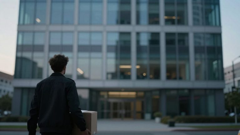 Expedia office building with a departing employee.