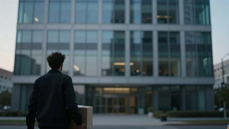 Expedia office building with a departing employee.