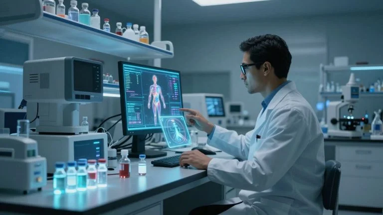 Futuristic medical lab with advanced diagnostics and holographic displays.